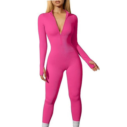 Women's sports one-piece pants, exercise ribbed long-sleeved zipper casual one-piece pants, long pants tight