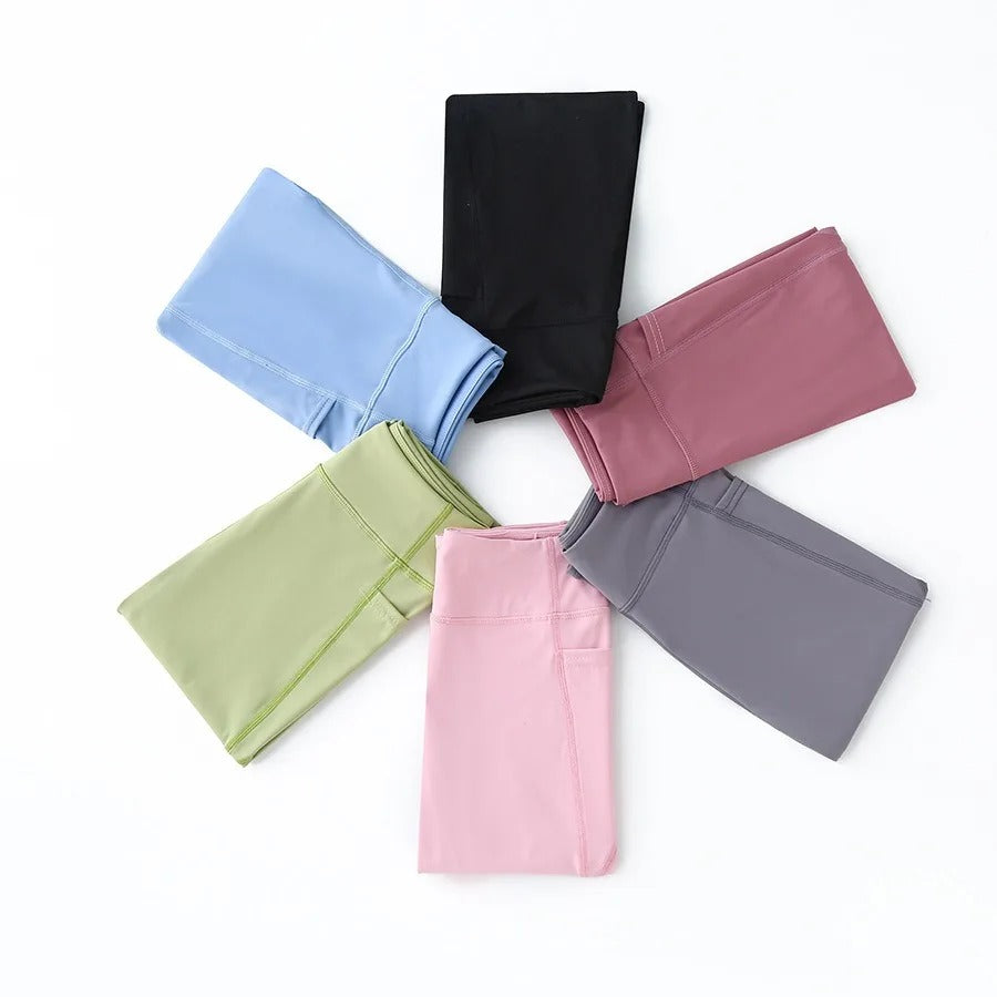 Summer Sports Leggings Short Child Cropped Running Pant Kids Girls Breathable Side Pockets Yoga Leggings Fitness Wear Yoga Pants