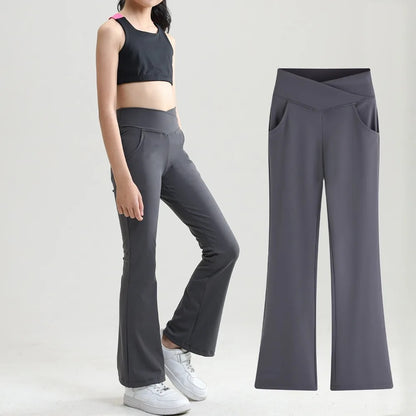 Kids Black Flare Leggings Girls Wide Leg Belle Dance Bell Bottoms V Cross High Waist Gym Athletic Workout Long Yoga Pants 10-12Y