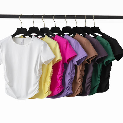 Women's Crew Neck T-Shirt Chic Solid Color Yoga Short Sleeve Slim Fit Shirts Summer Streetwear Basic Crop Tops Ribbed Gym Wear