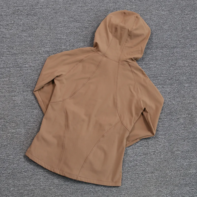 Women's yoga suit with hooded zipper, long-sleeved, plush, with pockets, slim-fit sports top