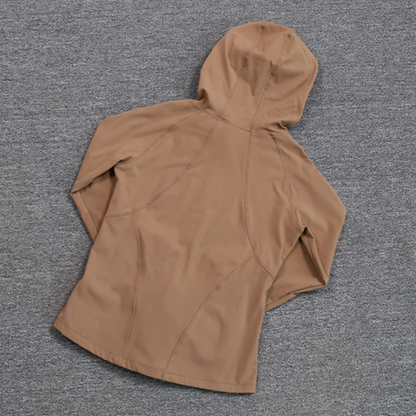 Women's yoga suit with hooded zipper, long-sleeved, plush, with pockets, slim-fit sports top