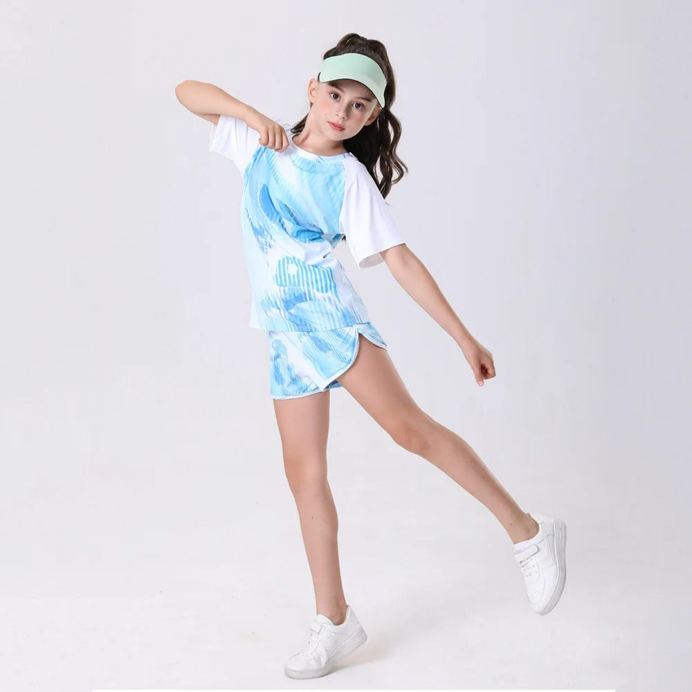 Girls Quick-Dry Sportswear Set Tennis Yoga Outfit Breathable Short Sleeve Top Shorts for Outdoor Activities Gym Cycling Clothes