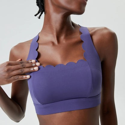 Lycra Sports Bra for Women Shock-proof Gym Workout Tops Lotus Arc Yoga Tops Square Neckline Push-up Bras Vest With Removable Pad