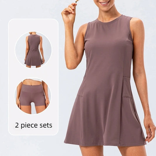 Workout Sport Dresses Women Tennis Dress With Shorts Quick-Dry 2 Piece Sets Yoga Golf Wear Breathable Summer Casual Clothes