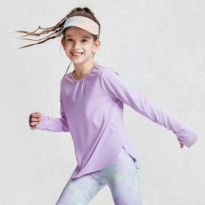 Girls' Long Sleeve Yoga T-Shirt Soft Elastic Quick Dry Children Running Sports T Shirt Kids Gym Fitness Top for Workout