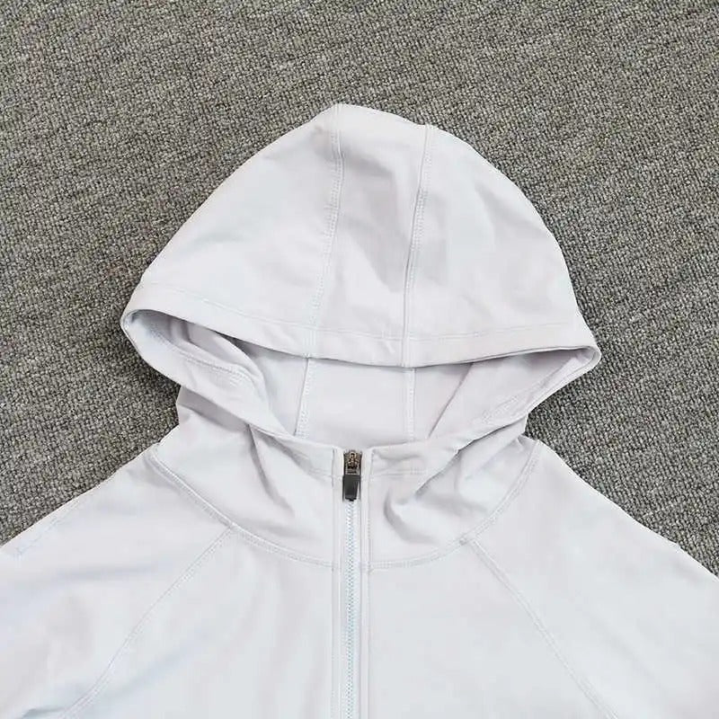 Women's yoga suit with hooded zipper, long-sleeved, plush, with pockets, slim-fit sports top