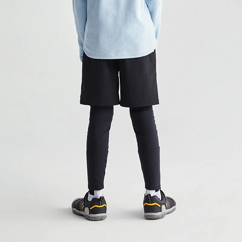 Boys Sports Leggings With Shorts Kids 2 in 1 Running Workout Athletic Tights Pant Children's Basketball Fitness Yoga Pants 5-14Y