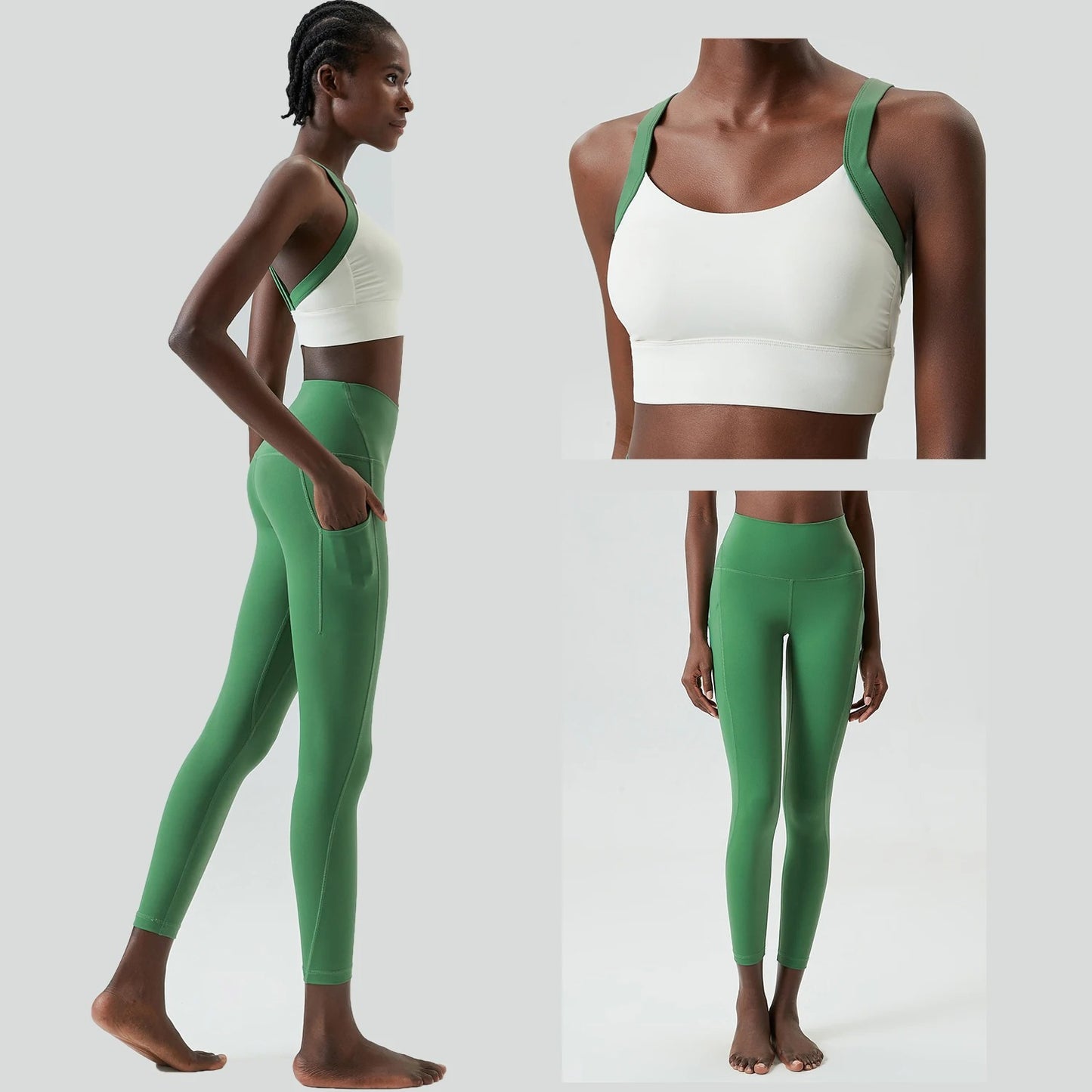 Women's Two Pieces Set Fixed Pads Sports Bra And Gym Tight Leggings With Pockets Workout JumpSuits Sportswear