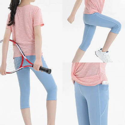 Summer Sports Leggings Short Child Cropped Running Pant Kids Girls Breathable Side Pockets Yoga Leggings Fitness Wear Yoga Pants
