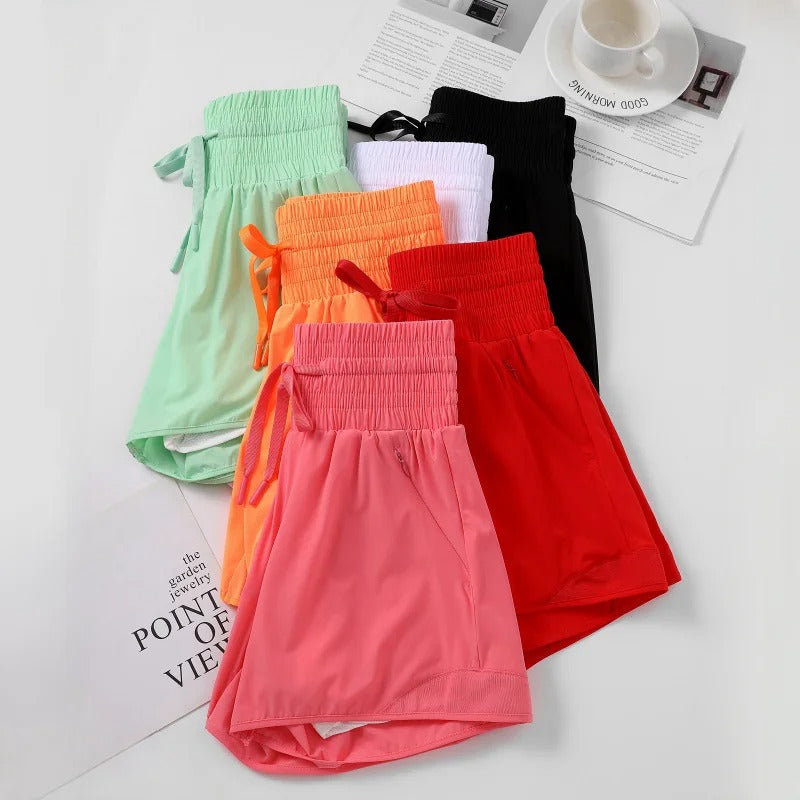 Women High Waist Running Shorts With Pockets Elastic Gym Shorts Tenis Training Yoga Short-Pants Quick-dry Sporty Leisure Wear