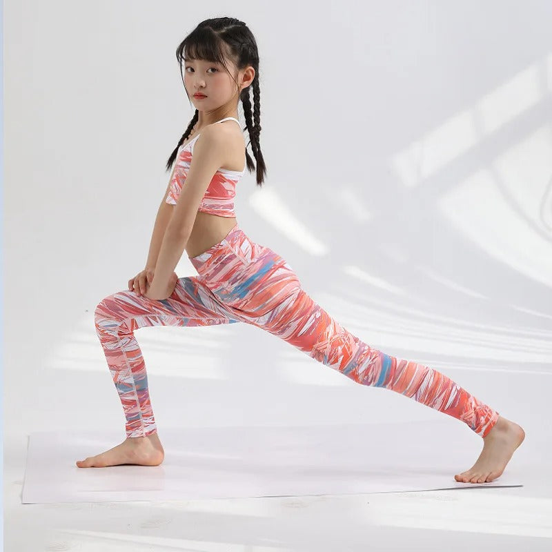 Girls Kids Yoga Outfit Set Short Crop Top Double Layer Sports Bra Printed High Waist Leggings Workout Set Running Gym Clothes