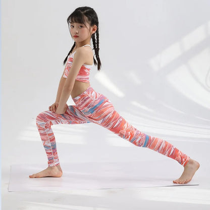 Girls Kids Yoga Outfit Set Short Crop Top Double Layer Sports Bra Printed High Waist Leggings Workout Set Running Gym Clothes
