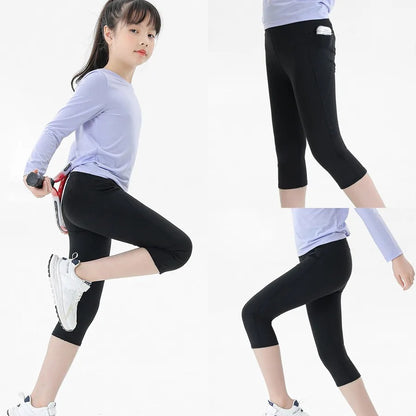 Summer Sports Leggings Short Child Cropped Running Pant Kids Girls Breathable Side Pockets Yoga Leggings Fitness Wear Yoga Pants