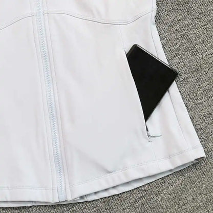 Women's yoga suit with hooded zipper, long-sleeved, plush, with pockets, slim-fit sports top