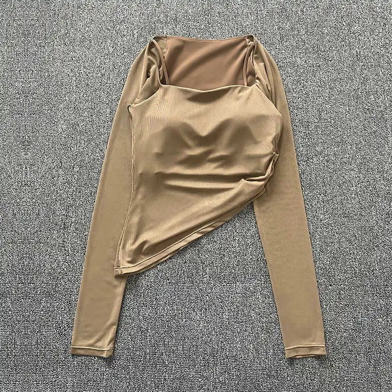 Fake two-piece yoga clothes for women, mesh fixed cup sports underwear, outer wear, running fitness tops with chest pads