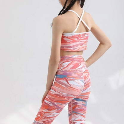 Girls Kids Yoga Outfit Set Short Crop Top Double Layer Sports Bra Printed High Waist Leggings Workout Set Running Gym Clothes