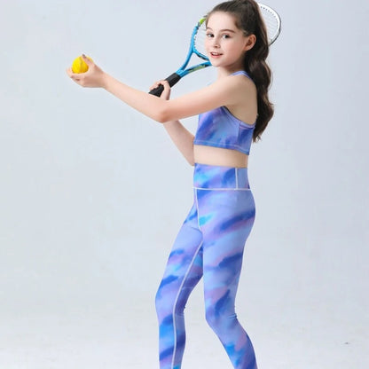 Kids Quick Dry Workout Outfit Set Girls Sportswear Training Running Gym Clothes High Elasticity Soft Breathable Yoga Suit