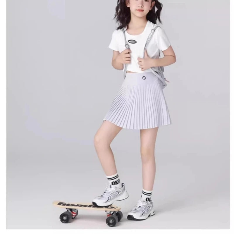 Girls Quick-Dry Sport Skirt Cooling Badminton Yoga Skirt Breathable Tennis Skirts Summer Pleated Dance Kids School PE Skort