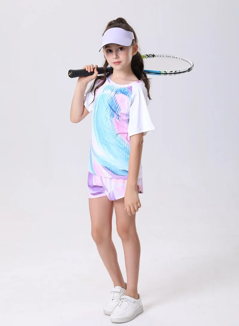 Girls Quick-Dry Sportswear Set Tennis Yoga Outfit Breathable Short Sleeve Top Shorts for Outdoor Activities Gym Cycling Clothes