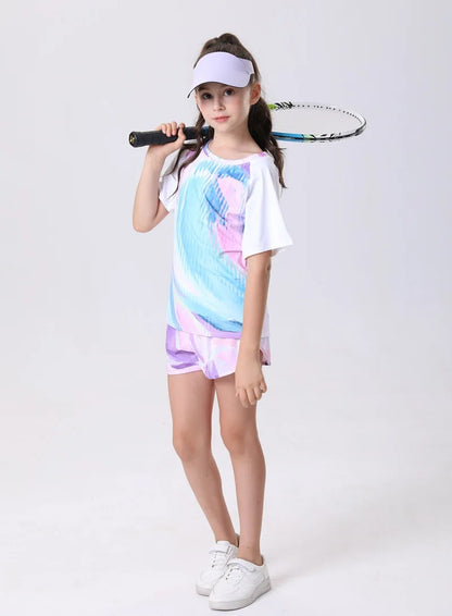Girls Quick-Dry Sportswear Set Tennis Yoga Outfit Breathable Short Sleeve Top Shorts for Outdoor Activities Gym Cycling Clothes