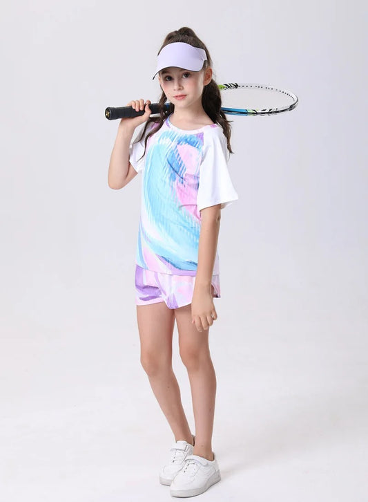 Girls Quick-Dry Sportswear Set Tennis Yoga Outfit Breathable Short Sleeve Top Shorts for Outdoor Activities Gym Cycling Clothes