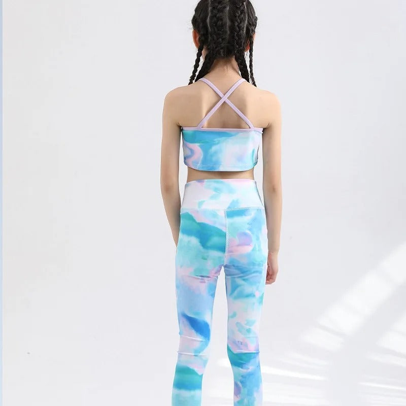 Girls Kids Yoga Outfit Set Short Crop Top Double Layer Sports Bra Printed High Waist Leggings Workout Set Running Gym Clothes