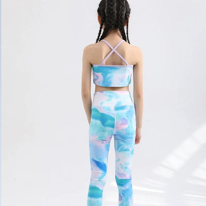 Girls Kids Yoga Outfit Set Short Crop Top Double Layer Sports Bra Printed High Waist Leggings Workout Set Running Gym Clothes