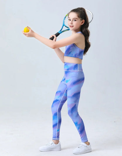 Kids Quick Dry Workout Outfit Set Girls Sportswear Training Running Gym Clothes High Elasticity Soft Breathable Yoga Suit