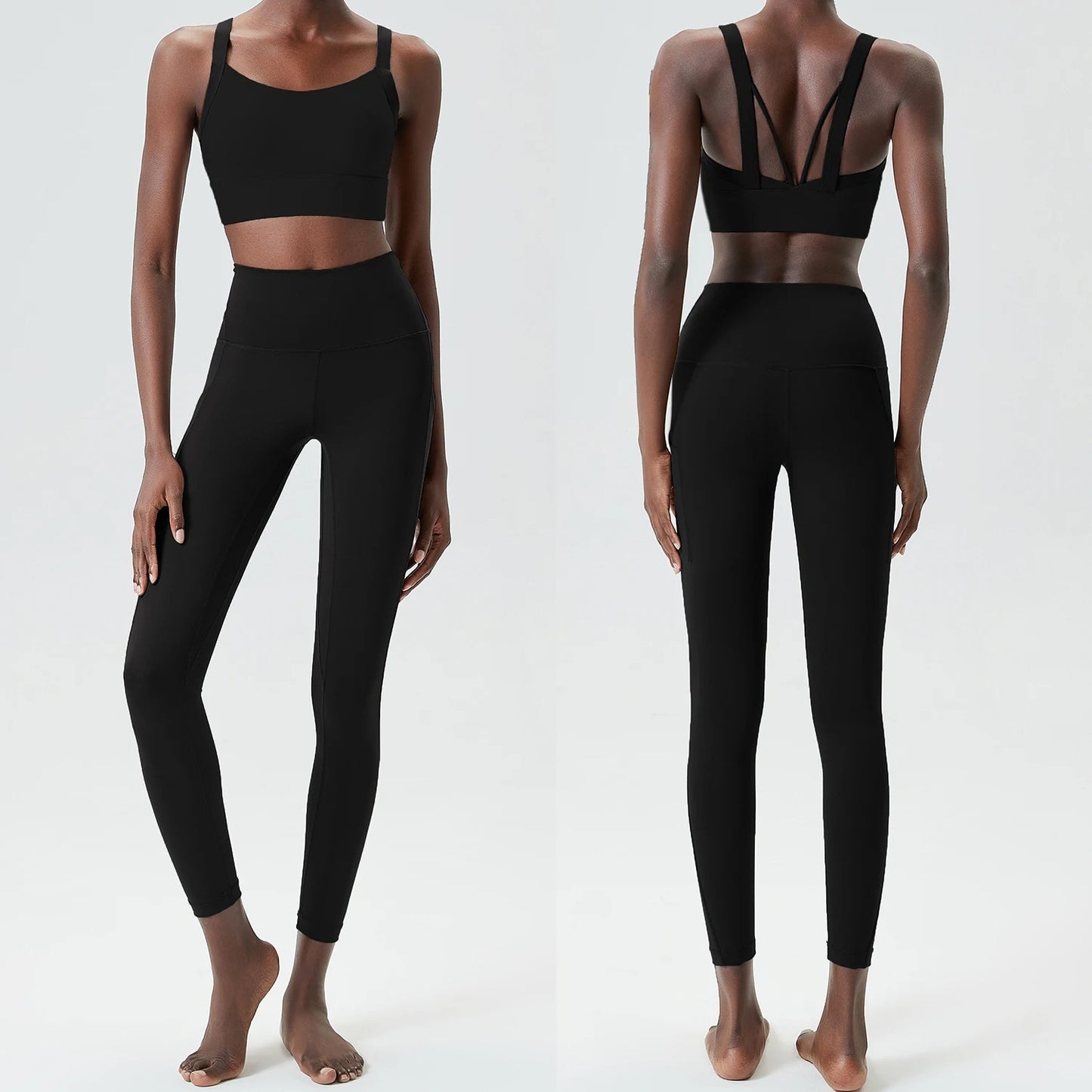 Women's Two Pieces Set Fixed Pads Sports Bra And Gym Tight Leggings With Pockets Workout JumpSuits Sportswear