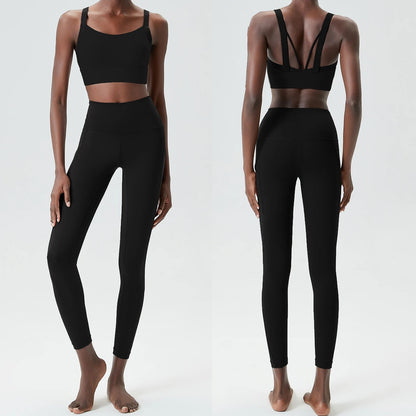 Women's Two Pieces Set Fixed Pads Sports Bra And Gym Tight Leggings With Pockets Workout JumpSuits Sportswear