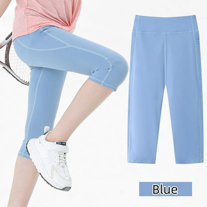 Summer Sports Leggings Short Child Cropped Running Pant Kids Girls Breathable Side Pockets Yoga Leggings Fitness Wear Yoga Pants