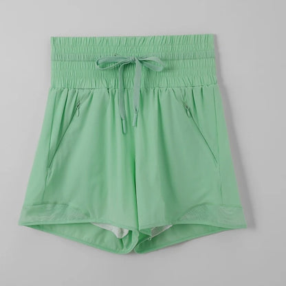 Women High Waist Running Shorts With Pockets Elastic Gym Shorts Tenis Training Yoga Short-Pants Quick-dry Sporty Leisure Wear