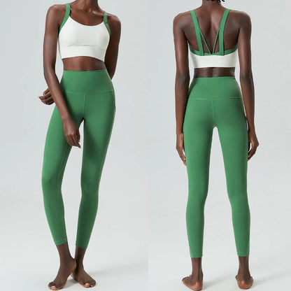 Women's Two Pieces Set Fixed Pads Sports Bra And Gym Tight Leggings With Pockets Workout JumpSuits Sportswear