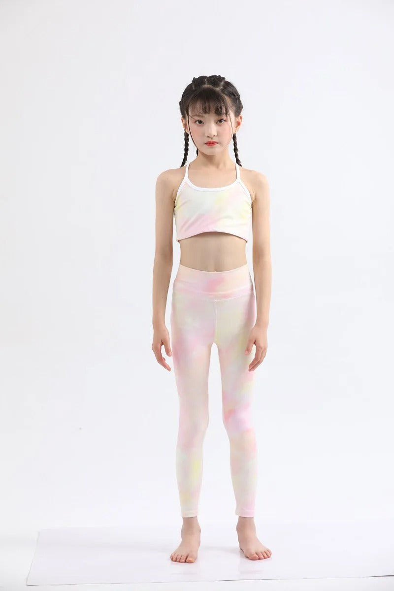 Girls Kids Yoga Outfit Set Short Crop Top Double Layer Sports Bra Printed High Waist Leggings Workout Set Running Gym Clothes
