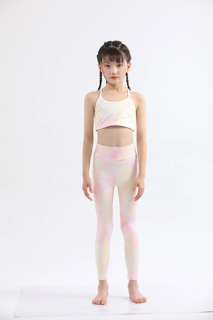 Girls Kids Yoga Outfit Set Short Crop Top Double Layer Sports Bra Printed High Waist Leggings Workout Set Running Gym Clothes