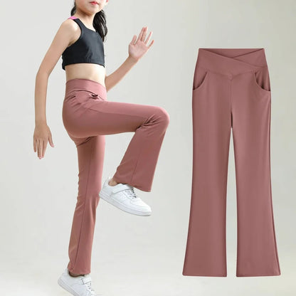 Kids Black Flare Leggings Girls Wide Leg Belle Dance Bell Bottoms V Cross High Waist Gym Athletic Workout Long Yoga Pants 10-12Y