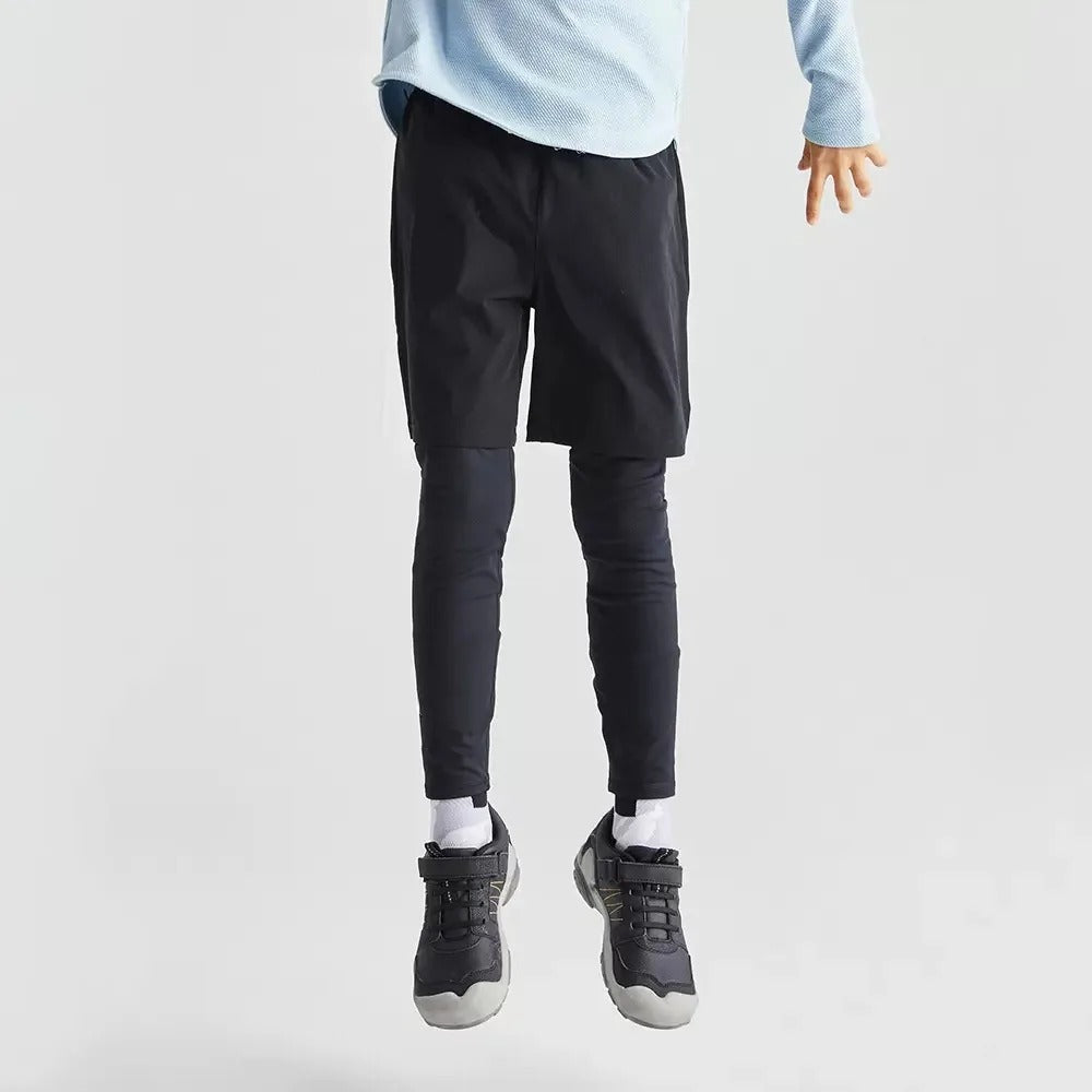 Boys Sports Leggings With Shorts Kids 2 in 1 Running Workout Athletic Tights Pant Children's Basketball Fitness Yoga Pants 5-14Y