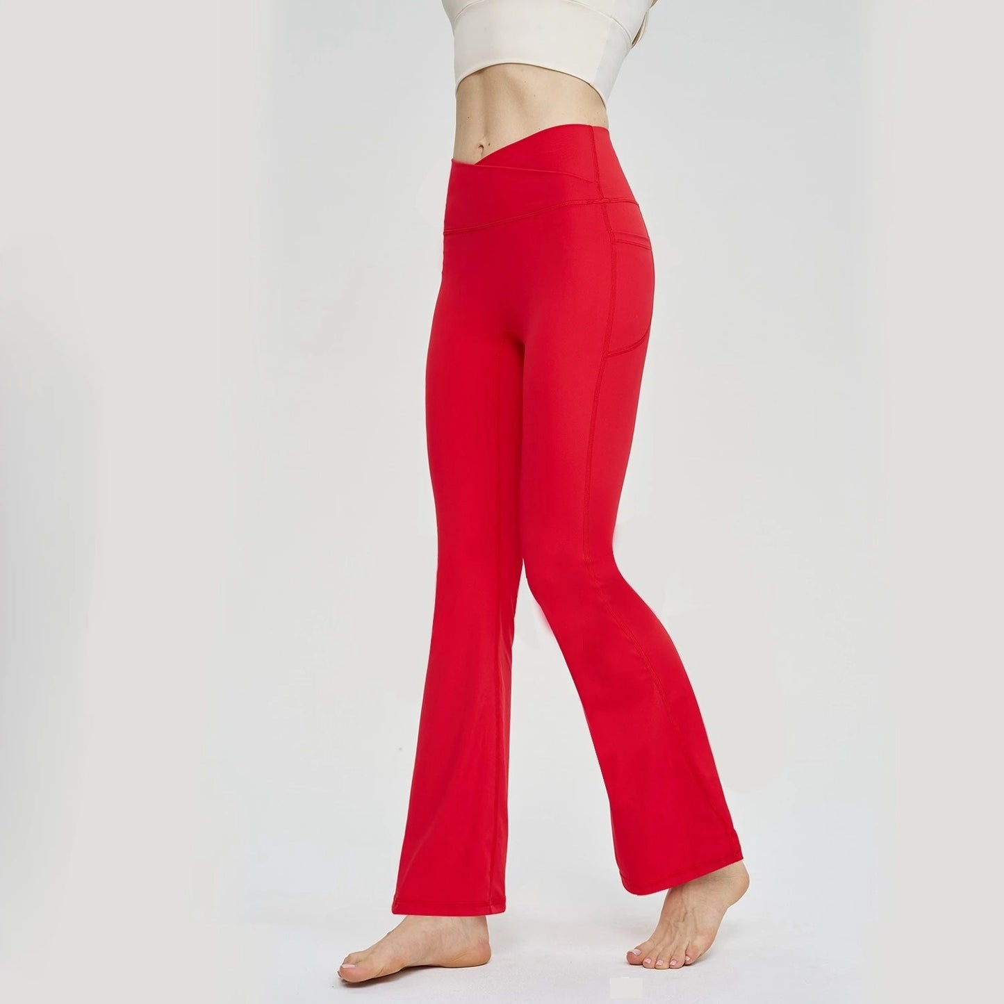 Seamless Leggings Women Yoga Pants Pockets Cross High Waist Bootcut Flared Sport Leggins Casual Dance Bell Bottoms Gym Tights