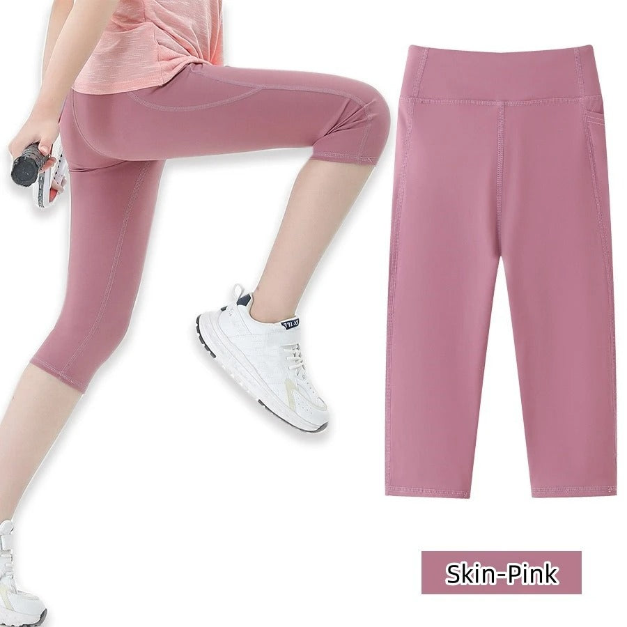 Summer Sports Leggings Short Child Cropped Running Pant Kids Girls Breathable Side Pockets Yoga Leggings Fitness Wear Yoga Pants